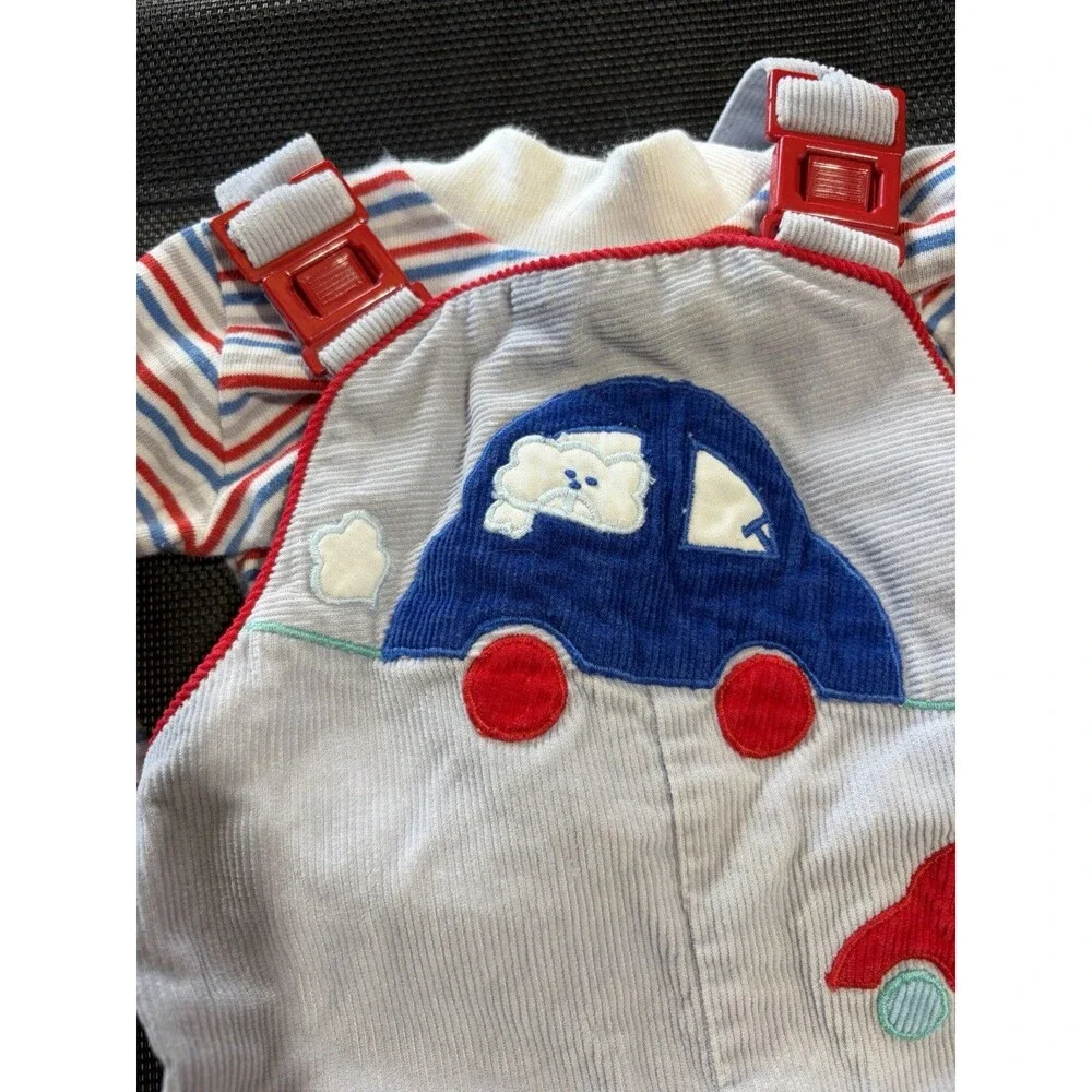 Vintage 2pc Footed Cotton Coverall + Striped Shirt Cars Applique 3-6 Months